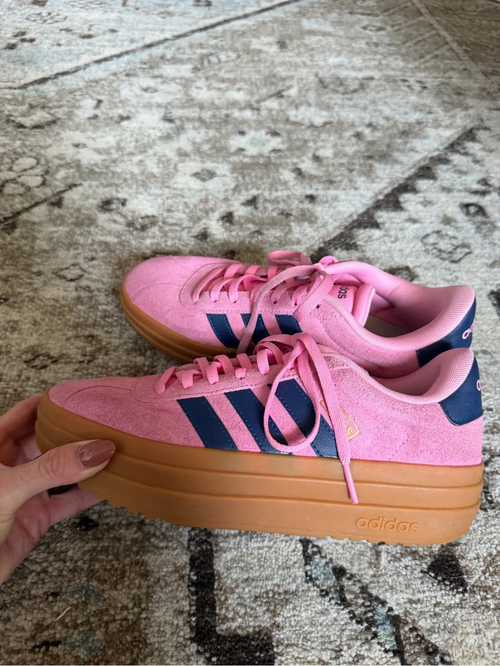 adidas Pink Suede Sneakers with Navy Stripes and Gum Sole